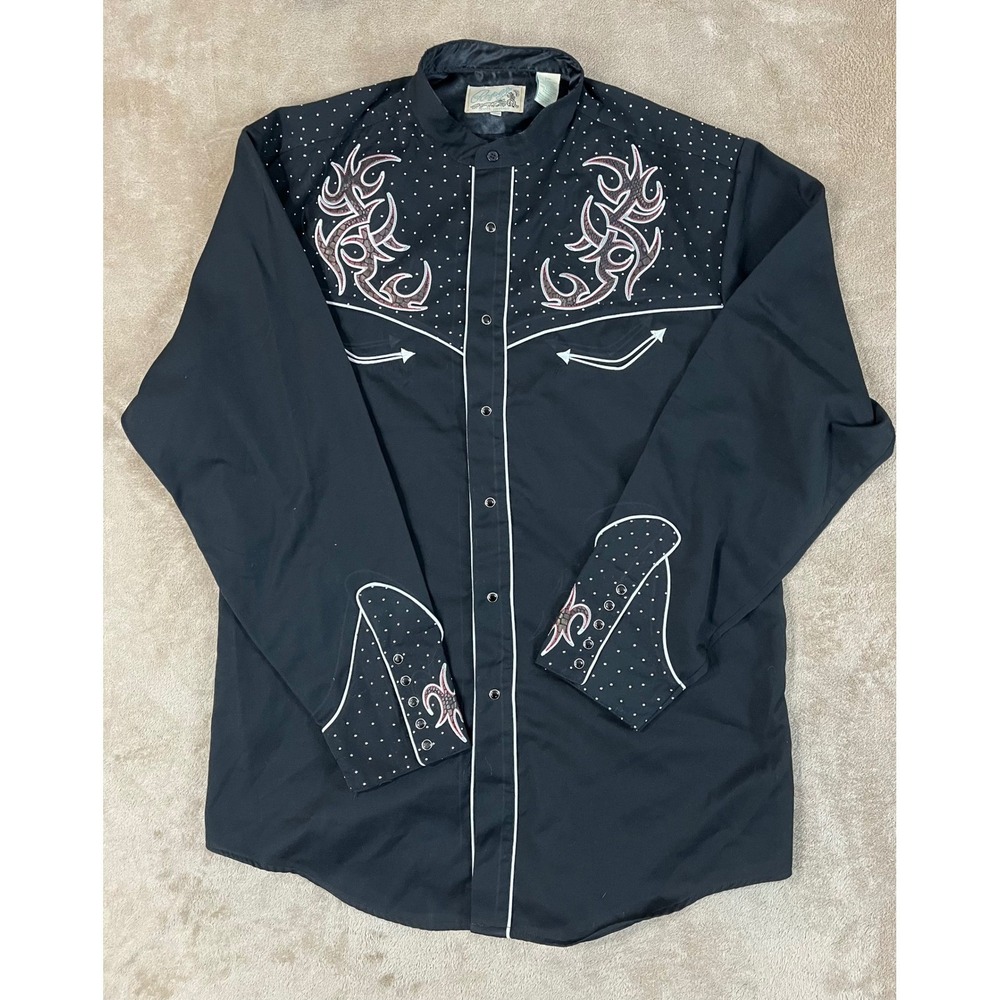 Roper Western Shirt Men's 2XL Black Embroidered Smile Pockets Polyester L/SGOOD